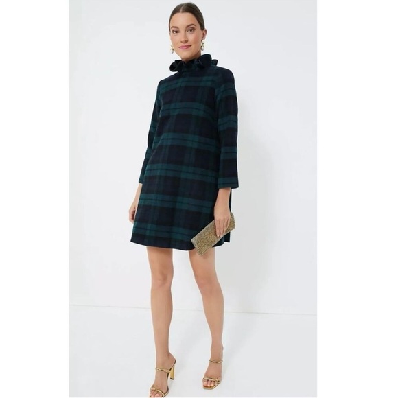 NWT Tuckernuck Green Blackwatch Plaid Daphne Wool Dress Wmns L Bow Detail - Picture 2 of 8
